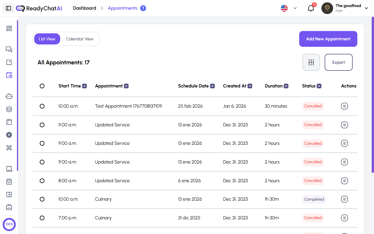 Vista de lista de Citas en ReadyChatAI