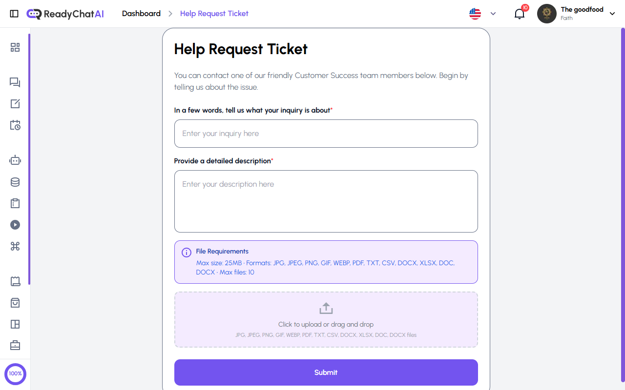 Página de Ticket de Solicitud de Ayuda